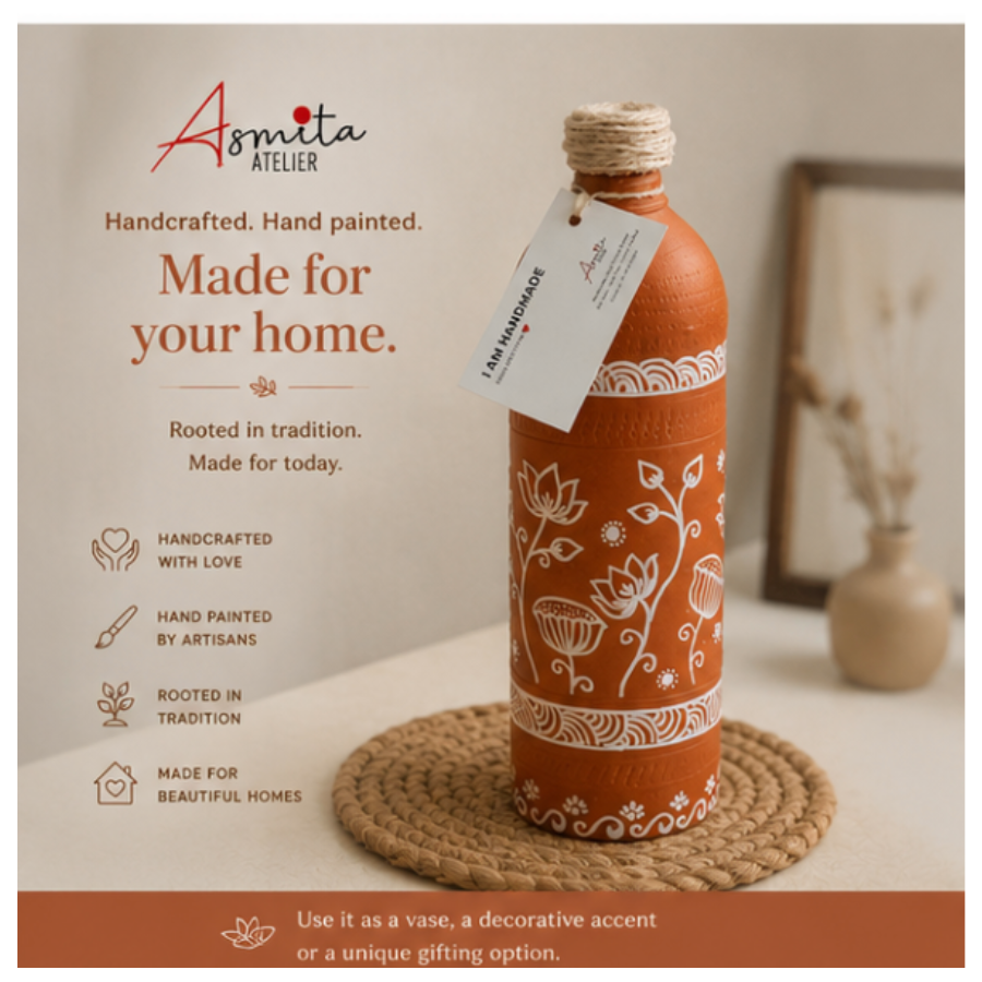 Hand-Painted Terracotta Clay Water Bottle  - 1500 ml